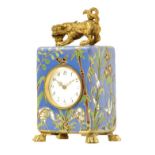 A miniature champleve enamel carriage timepiece, circular white enamel dial, movement signed L.