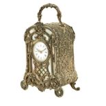 An unusual French silver and mother o'pearl miniature carriage timepiece, lever platform, circular