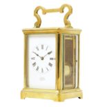 A striking carriage clock, white enamel dial signed Exmd by J Duncan, Paisley, lever platform, in