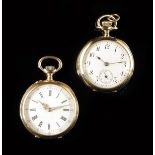 A Swiss gold keyless cylinder watch, white enamel dial, in a guilloche case, 30mm diameter; and a