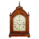 A Victorian burr walnut quarter chiming mantel clock, the 9 inch painted dial signed Geo. Carly, Ely