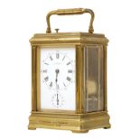 A Grande Sonnerie carriage clock with alarum, white enamel dial with faded signature of J.W. Benson,