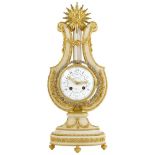 A French white marble and ormolu lyre mantel clock, white enamel dial signed Causard, Hger. du