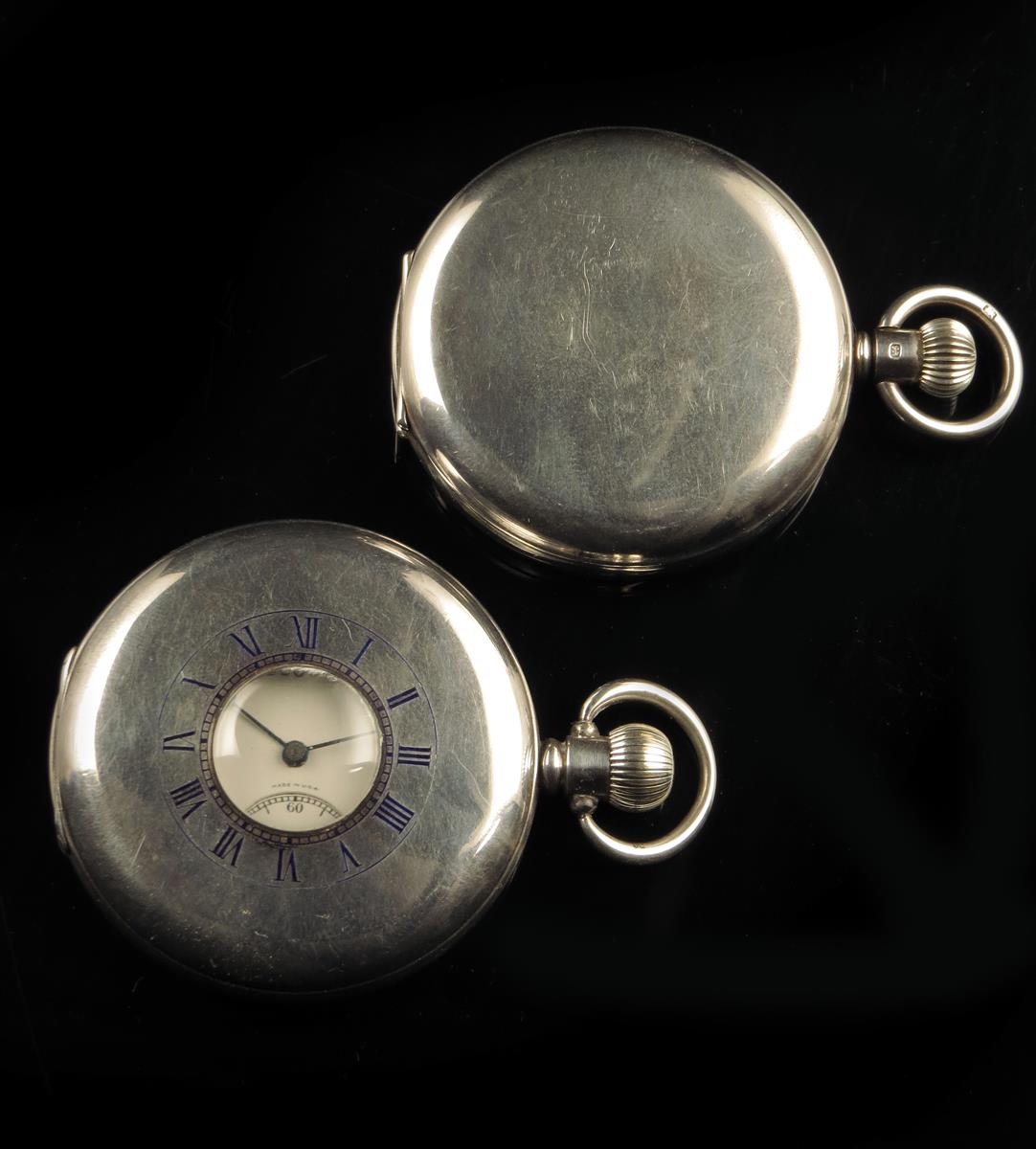 A silver hunting cased keyless lever watch, the white enamel dial and Swiss gilt movement signed J. - Image 2 of 2