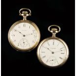 Two American watches: a gold plated keyless lever watch, white enamel dial signed B.C. Crichton,