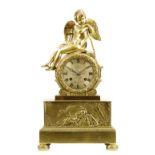 A French bronze mantel clock, striking movement with silk suspension, silvered machined dial, in a