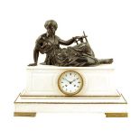 A large white marble and bronze French mantel clock, white enamel dial and striking drum movement