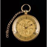 A Swiss gold lady's cylinder watch, unsigned gilt bar movement, florally engraved dial signed