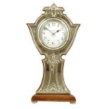 A French mahogany mantel timepiece with silver front, drum movement with cylinder platform, enamel