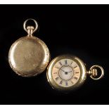 A Swiss 18k gold half hunting cased keyless cylinder watch, bar movement stamped U B & W, the