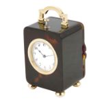 λ A very rare miniature minute repeating 18ct gold mounted tortoiseshell carriage timepiece,