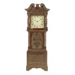 An oak mantel timepiece, of miniature longcase form, 3 inch square silvered dial, drum movement with