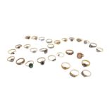 Twenty seven assorted gold rings, each set diamonds or coloured stones, with two additional rings,