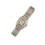 A lady's steel and gold Panthere wristwatch by Cartier, signed square dial with secret signature