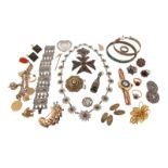 A collection of jewellery, costume jewellery etc, including a ruby and diamond cluster ring set in