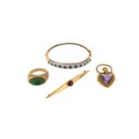 A gold hinged bangle alternatively set with circular cut sapphires and small diamonds. 17 grams. A