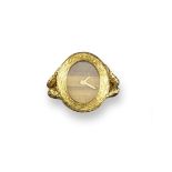 An 18ct gold ring watch by Bueche-Girod, with signed tiger's eye dial. Size K.
