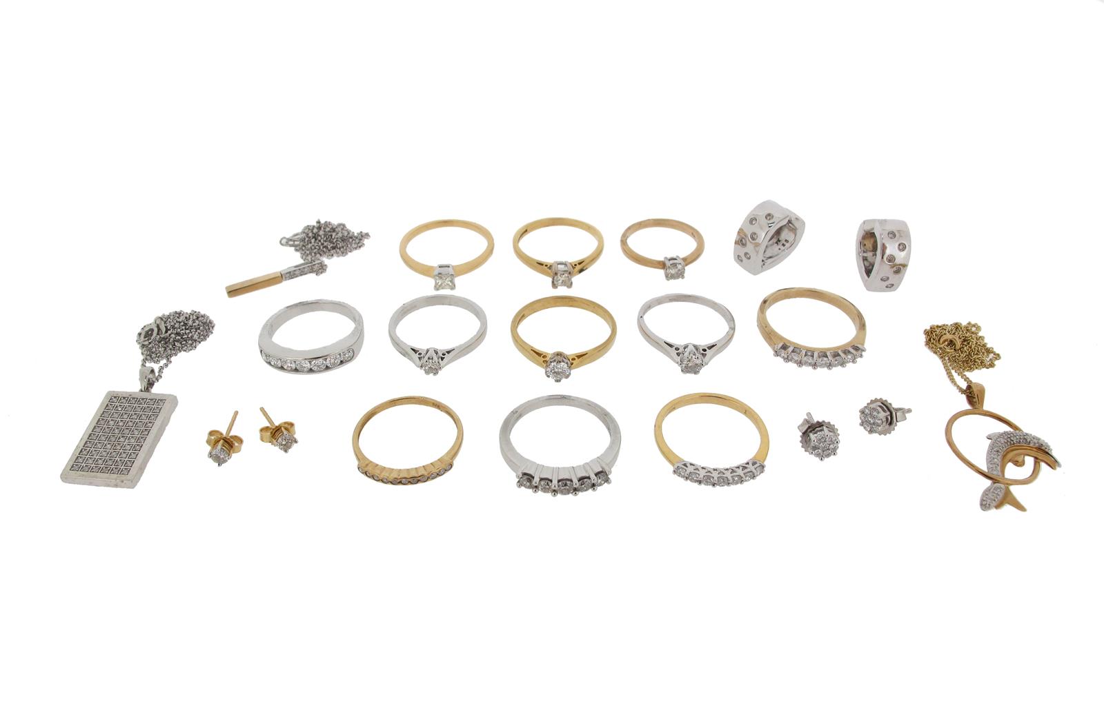 Assorted jewellery including a seven stone diamond ring in 18ct white gold, six diamond solitaire