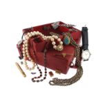 A red leather jewellery case containing a 9ct gold propelling pencil, signed Mordan and Asprey. A