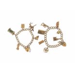 Two gold charm bracelets, the gold oval link bracelets mounted with assorted gold charms.  59g in