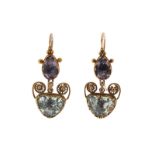 A pair of Regency gold amethyst and aquamarine drop earrings, the triangular aquamarine is set