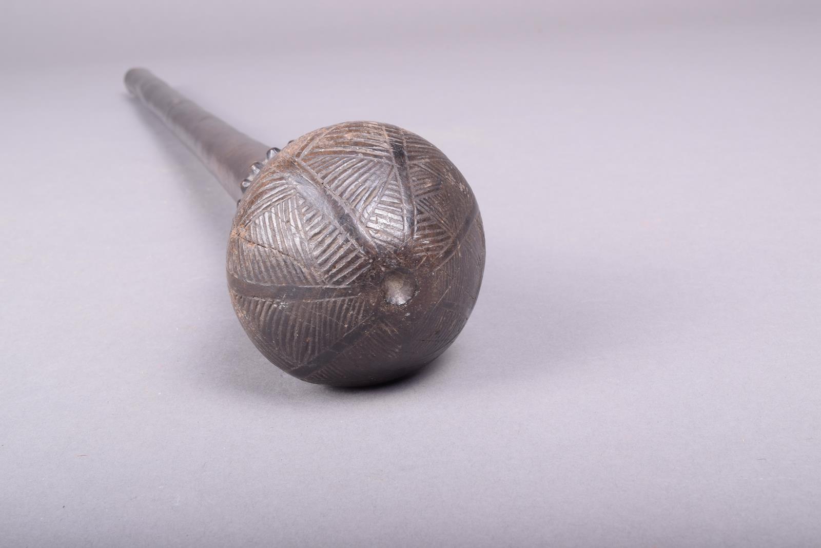 A Chokwe staff, Angola, with a pear shape head with incised band decoration, with a beaded collar, - Image 4 of 6