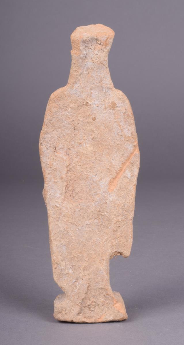 A Greek terracotta standing female, with headdress and robe, c. 5th century B.C., 15cm high. - Image 2 of 4