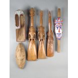 Three Tami Island sago / taro spoons, Papua New Guinea, carved figures, masks, serpents and a bird