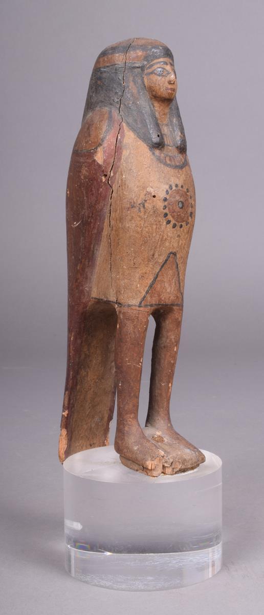 An Egyptian Ba bird, carved wood with gesso and painted, the crown of the head and base, pierced, - Image 2 of 4