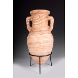 An alabaster amphora, 45cm high, with a stand. (2)
