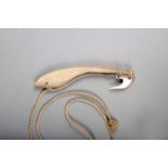 A Gilbert Islands fish hook, with lobed shell back and shell hook, with fibre binding, 14cm long.