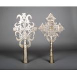 Two Ethiopian processional cross, silver coloured metal, pierced with engraved decoration, 39.5cm