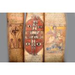 Three Ethiopian prayer scrolls, vellum, each decorated saints, Talismanic symbols and text, 163cm,