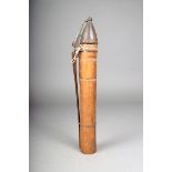 A Dayak bamboo quiver, Indonesia, with a carved wood stylized bird head handle and conical cover,