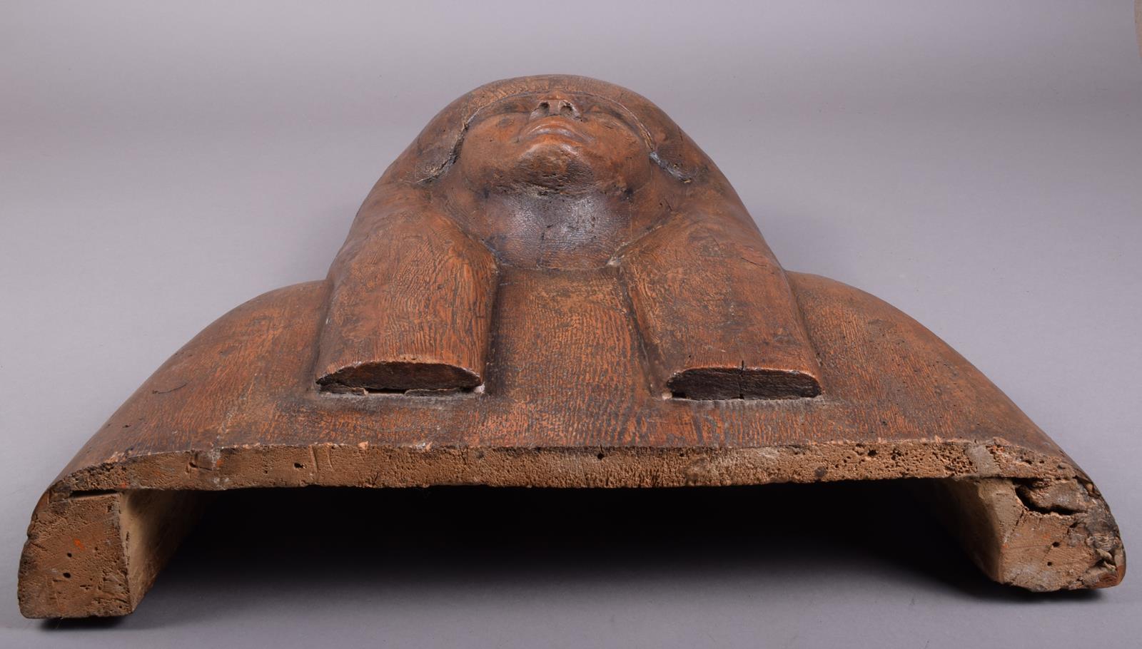 An Egyptian cedarwood mummy mask, carved a wig and with painted eyes and eyebrows, 18th-19th - Image 3 of 3