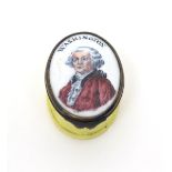 A rare English enamel snuff box  c.1790, of oval form, painted to the top of the lid with a titled