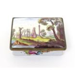 An English enamel snuff box  2nd half 18th century, of rectangular form, the top of the lid