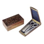 λ A Victorian Tunbridge ware and rosewood sewing box, the lid with geometric parquetry panels