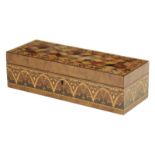 A Victorian Tunbridge ware and maple box, the hinged lid with a specimen wood cube parquetry