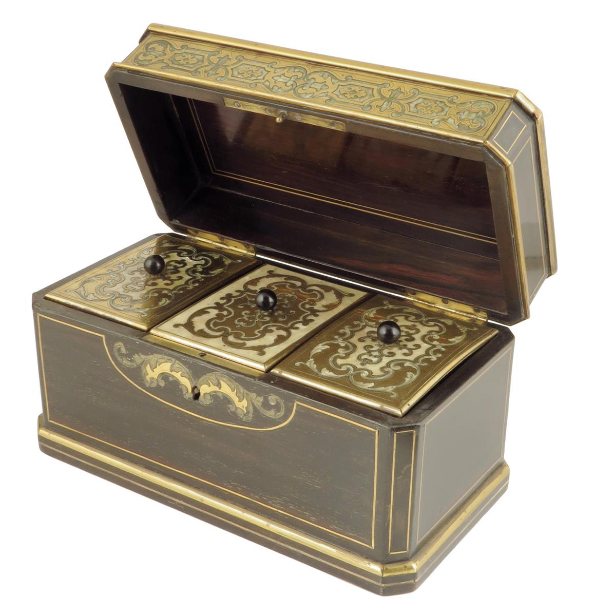 λ A 19th century French ebonized and brass boulle marquetry tea caddy, inlaid with white - Image 2 of 2