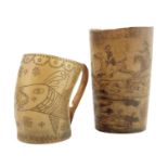 A 19th century horn beaker, engraved with a hunting scene and inscribed 'TALLY-HO' and 'W.