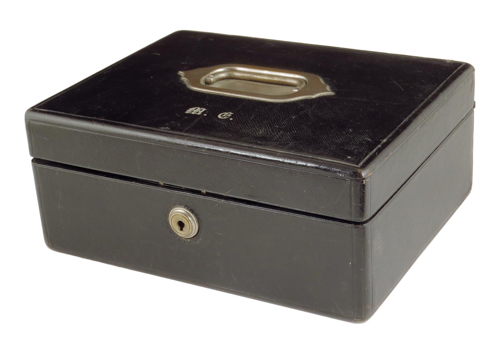 An early 20th century black leather writing box by Asprey, the hinged lid with a sunken brass handle - Image 2 of 13