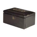 A Victorian black leather gentleman's toilet box, the sunken brass handle engraved with initials 'S.