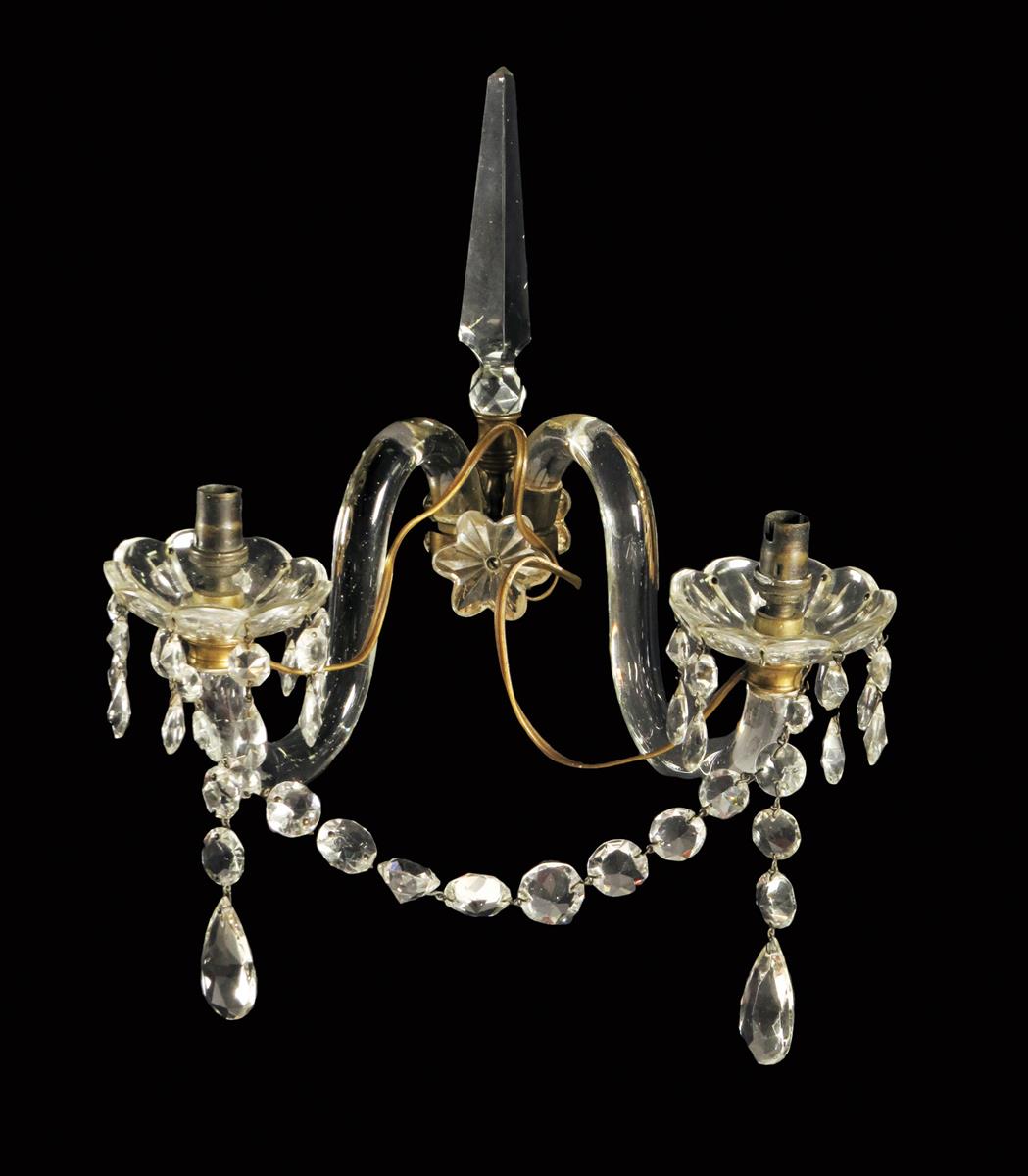 A set of five Victorian glass and gilt brass wall lights, each with scroll arms and foliate drip- - Image 2 of 2