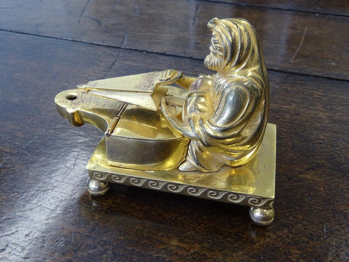 A Regency gilt bronze perfume burner attributed to Vulliamy & Son, modelled with a cloaked bearded - Image 3 of 11