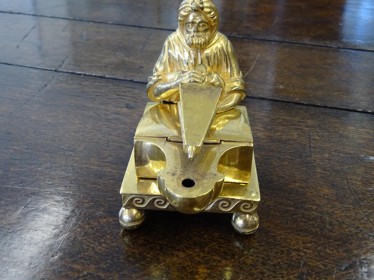 A Regency gilt bronze perfume burner attributed to Vulliamy & Son, modelled with a cloaked bearded - Image 6 of 11