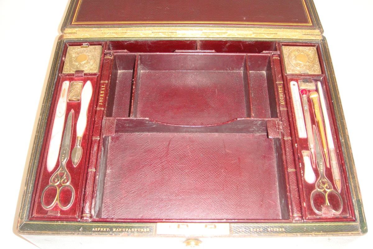 A mid Victorian green leather writing and document box by Asprey, with gilt line decoration, the lid - Image 7 of 17