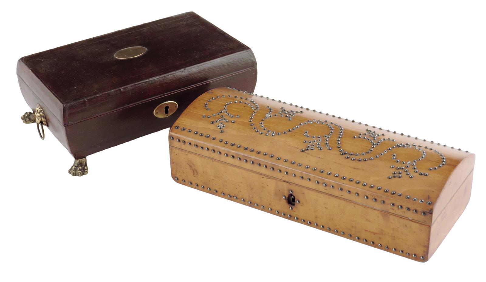 A 19th century French satinwood and cut steel glove box, 24.7cm wide, together with a leather