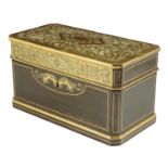 λ A 19th century French ebonized and brass boulle marquetry tea caddy, inlaid with white