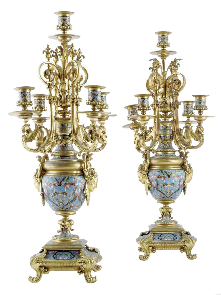A pair of late 19th century French ormolu and champlevé enamel five light candelabra, decorated with - Image 2 of 3